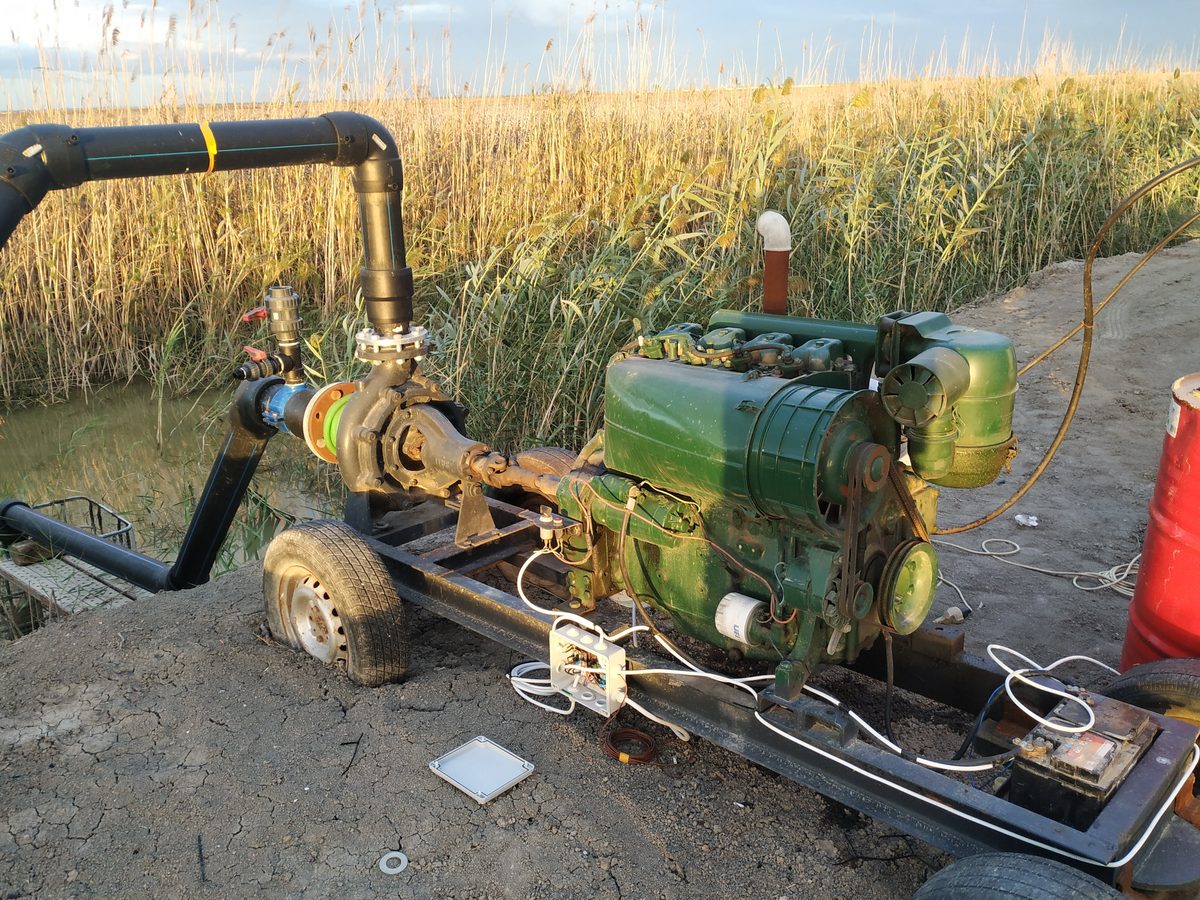1972 MWM diesel irrigation engine in field with LoRa IoT control box installed, Badajoz Spain