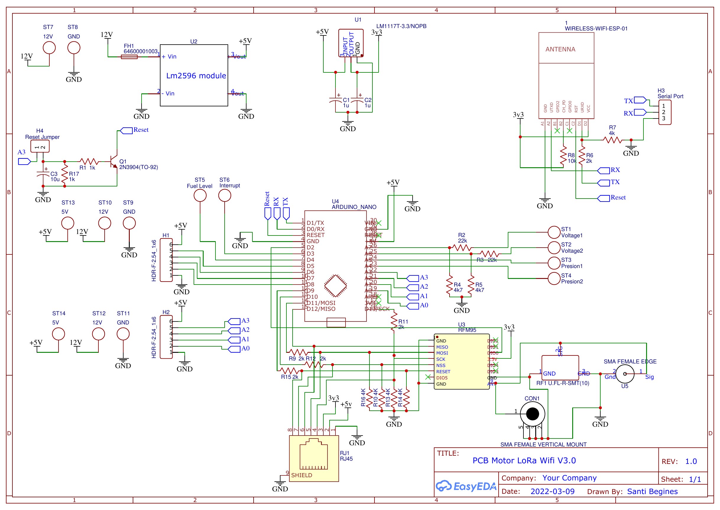 EasyEDA schematic PCB Motor LoRa WiFi V3.0 showing Arduino Nano, RFM95 LoRa, LM2596 buck, LM1117T-3.3 LDO, ESP-01, relay terminals and sensor inputs
