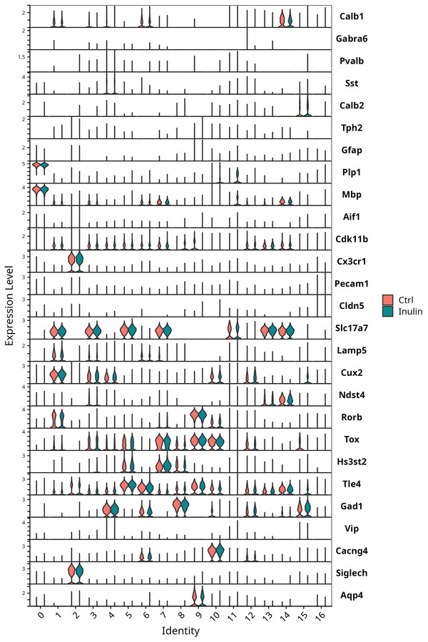 ViolinPlot of canonical markers per cluster, split by condition